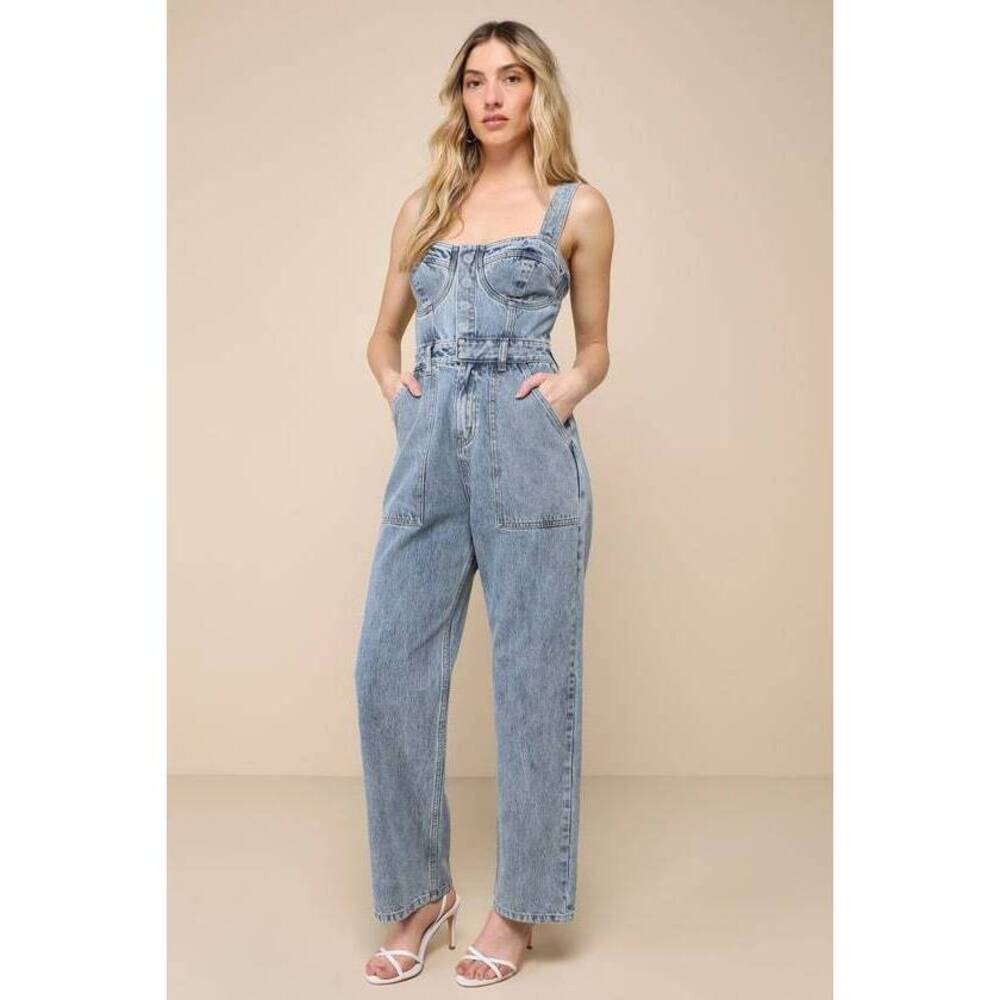 Lulus Fresh Perfection Light Wash Bustier Sleeveless Denim Jumpsuit Blue